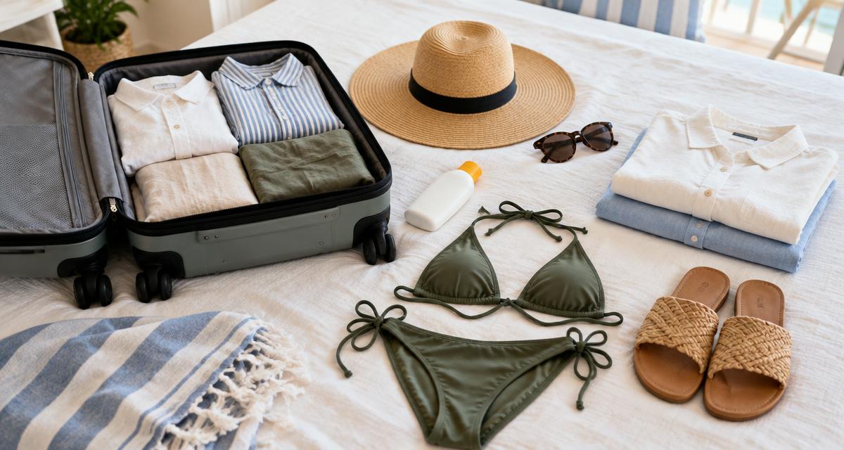 Open suitcase with folded holiday clothes, a sunhat and beach essentials