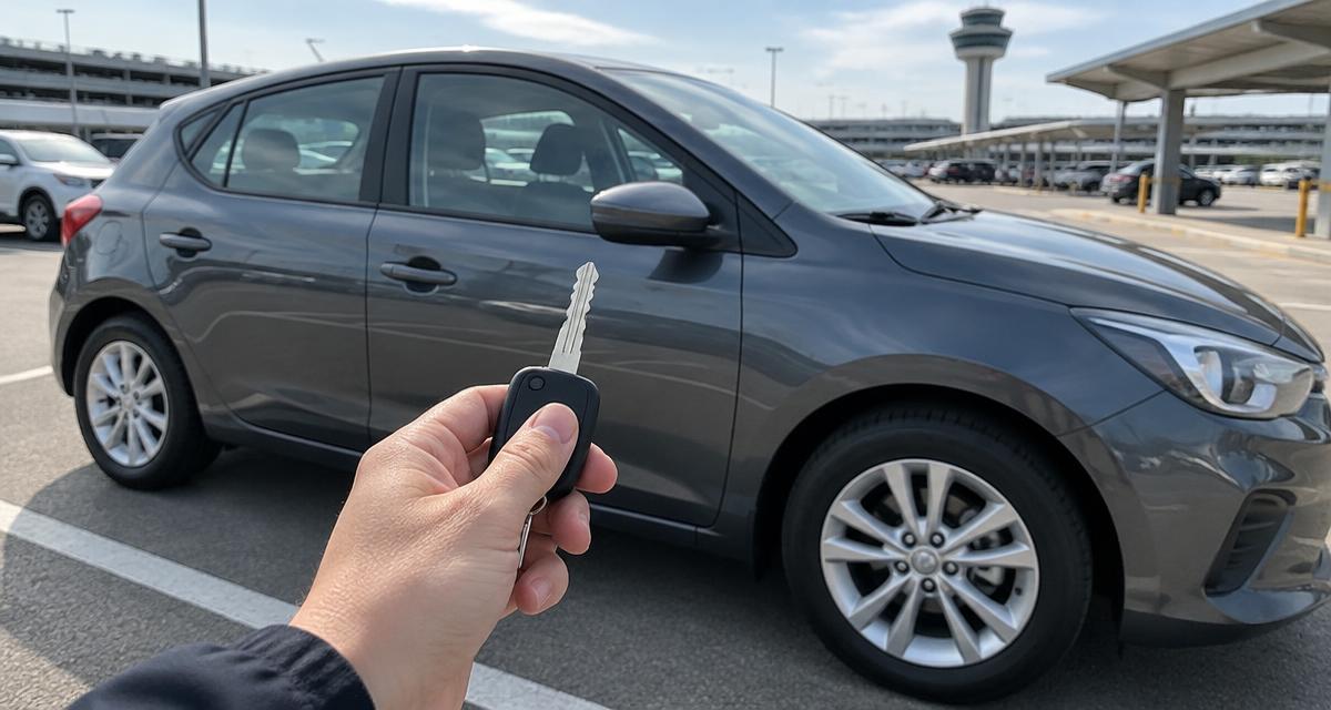 Car key held beside a compact car at an airport pickup location