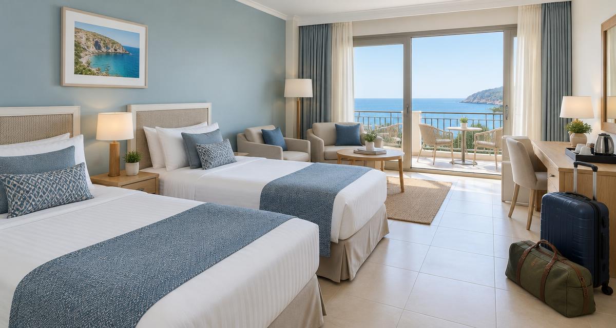 Twin-bed hotel room with a sitting area and sea-facing balcony