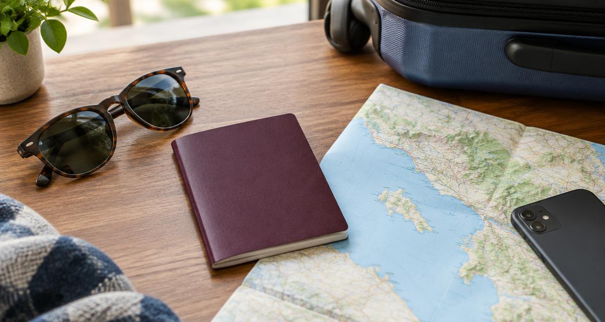 Passport, map and travel essentials prepared beside a suitcase